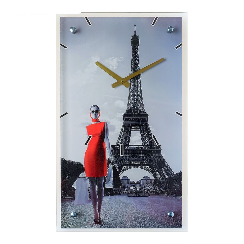 Часы настенные прямоугольные Девушка в красном платье в париже, 35х60 см фото 1